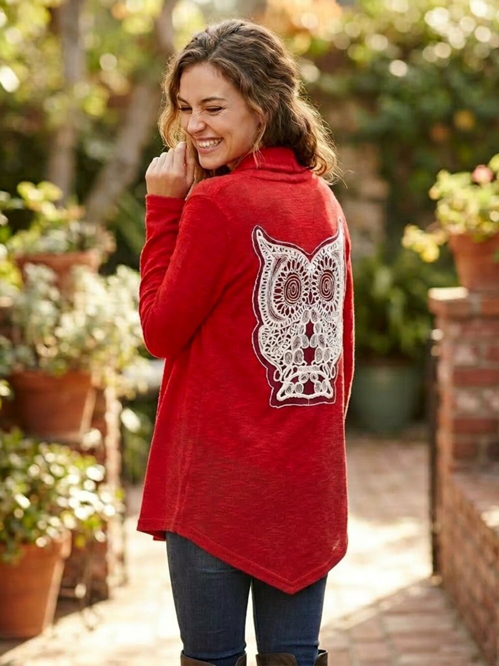 SI AVANCE Academia Dark Medium Draped Collar Wear Art OWL Crochet Red Cardigan